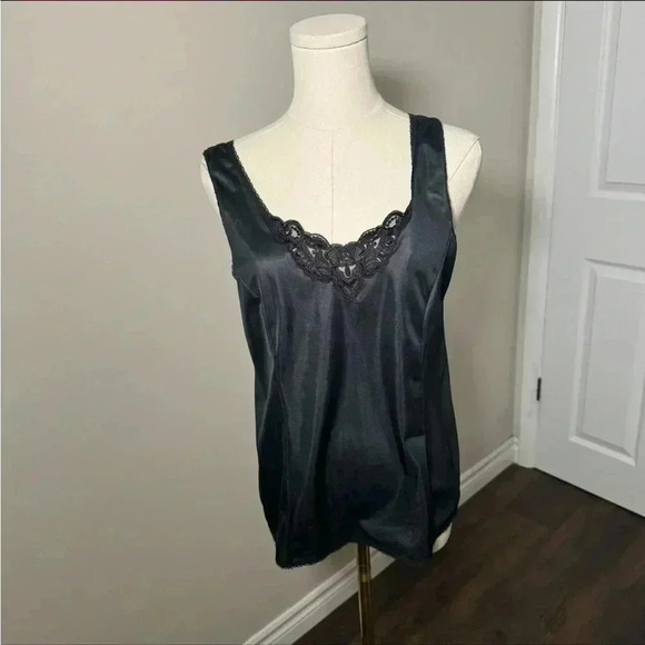 Vintage Black satin lace trim tank top 36 goth glam - Picture 2 of 6